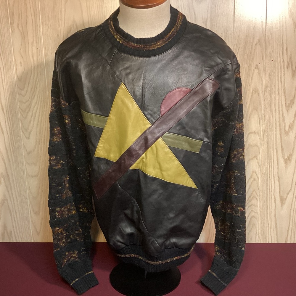 Vintage 80’s geometric design Leather front mens sweater size large